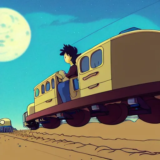 Image similar to a study of cell shaded cartoon caterpillar train from howl's moving castle ( 2 0 0 4 ) on a desert road, in front of a big moon, full body, wide shot, very muted colors, post grunge, studio ghibli, laurie greasley, highly detailed, deviantart, art by artgem