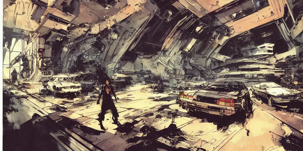 Prompt: the interior of futuristic saloon, comic cover by ashley wood and phil hale and enki bilal, 4K detailed post processing