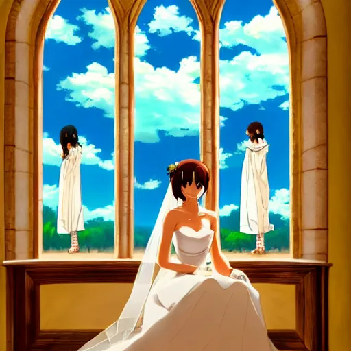 Image similar to a beautiful picture of the window of the church, a bride and a groom, sky, by makoto shinkai, - w 7 6 8