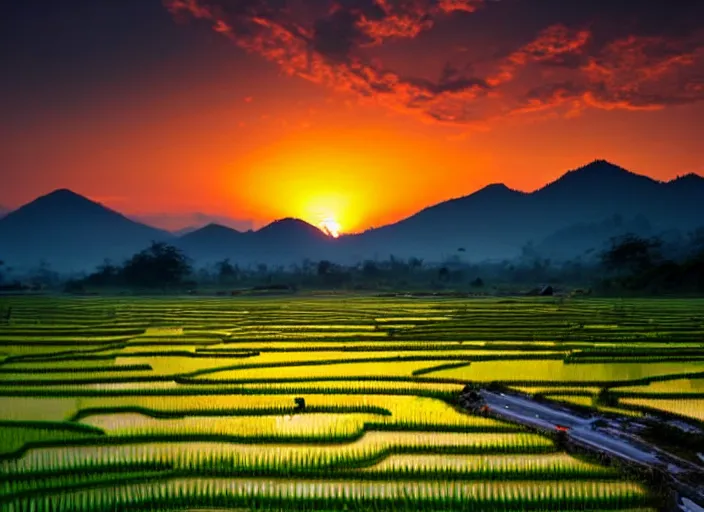 a road between rice paddy fields, two big mountains in | Stable ...