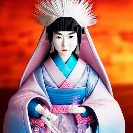 Image similar to a japanese princess young lady, with white hair and bangs!!!! beauty, action figure, well lit, studio light, painted action figure, toy advertisement