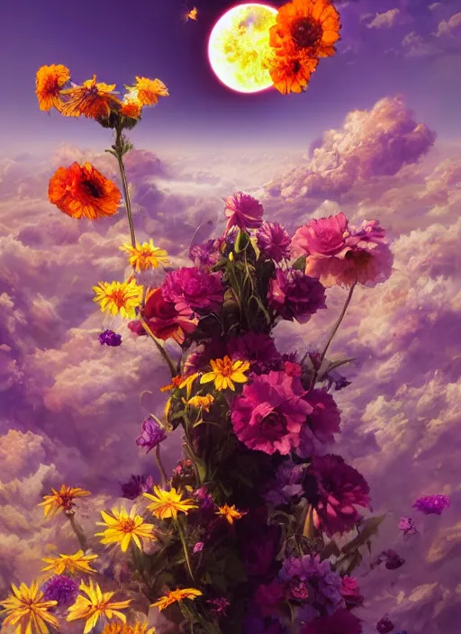 Image similar to An epic fantastic realism comic book style painting of the most beautiful flowers launched into space, bouquets, solar eclipse, fisheye, unreal 5, DAZ, hyperrealistic, octane render, dynamic lighting