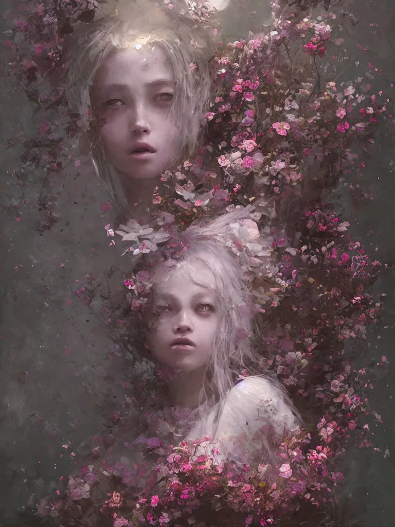 Image similar to a beautiful terrifying girl made of flowers. ethereal horror fantasy art by greg rutkowski and magali villanueve and monet, concept art, smooth, cinematic lighting, 8 k resolution