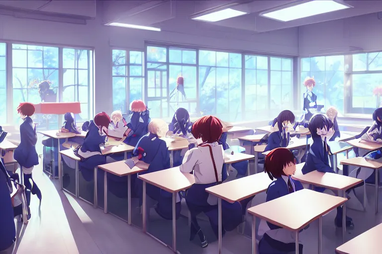 boy's love anime modern high school classroom in, Stable Diffusion