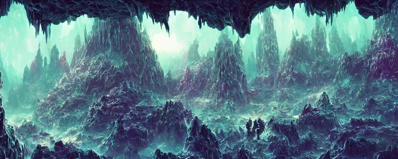 Image similar to ” crystal caverns alien landscape, [ beautiful, cinematic, detailed, epic, widescreen, opening, establishing, mattepainting, photorealistic, realistic textures, octane render, art by slop and paul lehr ] ”