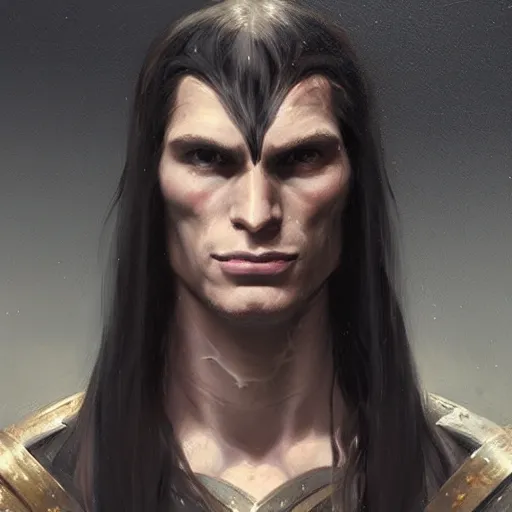 Image similar to character design, portrait of a attractive half elf half orc male with long black hair and proeminent cheekbones, medieval, dark armor, painting by wlop, nixeu and greg rutkowski, beautiful, cgsociety, semirealism, artstation, octane render, sharpness, 8 k, golden ratio