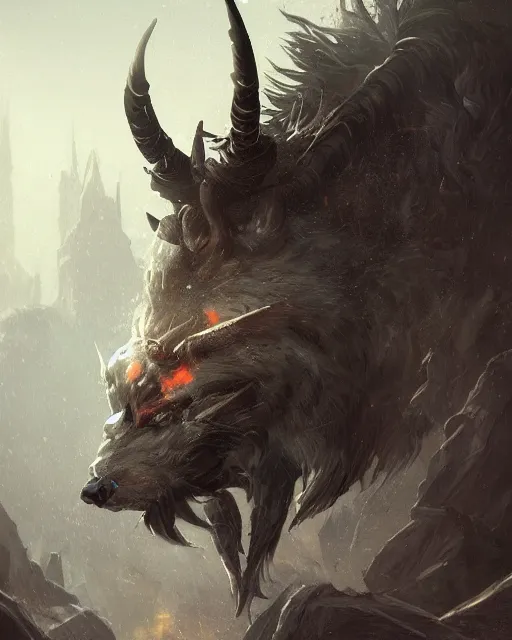 Prompt: A minotaur as a wolf, terrifying face, fantasy art, monster art, in the style of greg rutkowski, illustration, epic, fantasy, intricate, hyper detailed, artstation, concept art, smooth, sharp focus, ray tracing