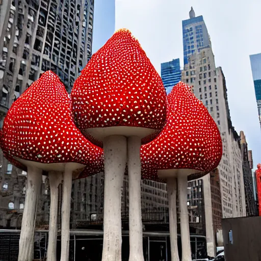 Image similar to a building of the shape of an amanita muscaria in the New York City skyline