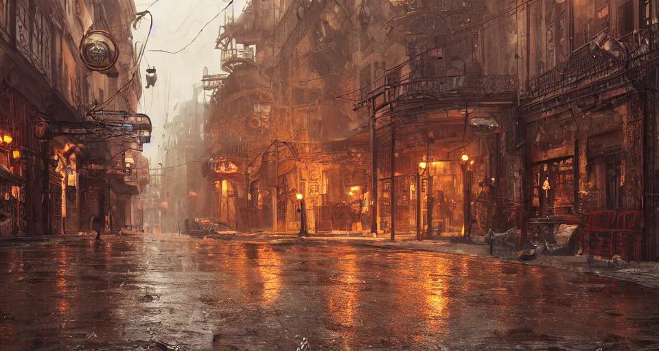 Prompt: steampunk city streets in the rain by jean-honore fragonard, junk everywhere, wires hanging, steam, trending on artstation, octane render