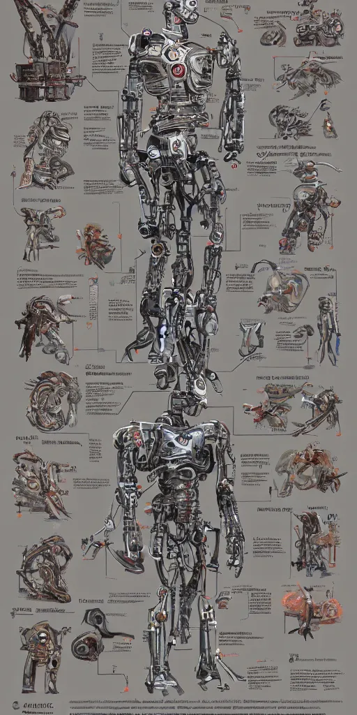 Prompt: anatomy of the terminator, robot, cyborg, t100, diagrams, mystical, intricate ornamental tower floral flourishes, technology meets fantasy, map, infographic, concept art, art station, style of wes anderson
