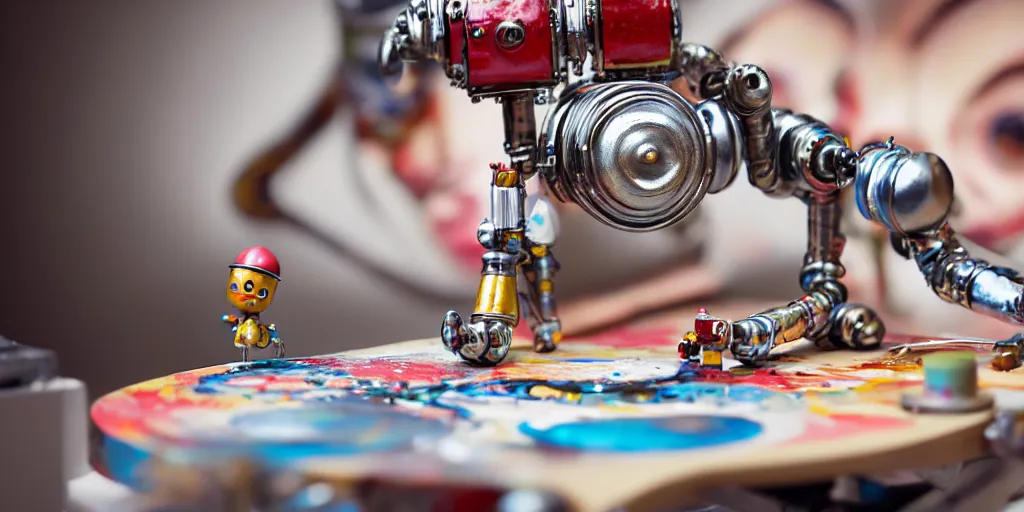 Image similar to closeup portrait of tin toy retro robot painter mixing gouache on white paper table in an artist workshop, depth of field, zeiss lens, detailed, centered, fashion photoshoot, by nicoletta ceccoli, mark ryden, lostfish, breathtaking, 8 k resolution, extremely detailed, beautiful, establishing shot, artistic, hyperrealistic, octane render