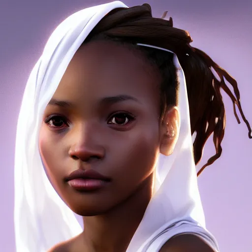 Image similar to a photorealistic hyperrealistic, bright brown eyes, light skinned african young girl, ponytail hair, flawless face, beautiful lips, cute face, white veil, by wlop, artgerm, greg rutwoski, alphonse mucha, beautiful dynamic dramatic low - light moody lighting, cinematic atmosphere, artstation, concept design art, octane render, 8 k