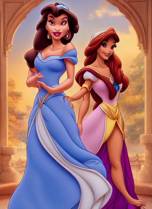 Prompt: gorgeous disney princess jasmine and princess belle, professionally retouched, muted colors, soft lighting, realistic, smooth face, full body shot, torso, dress, perfect eyes, sharp focus on eyes, 8 k, high definition, insanely detailed, intricate, elegant, art by j scott campbell and artgerm