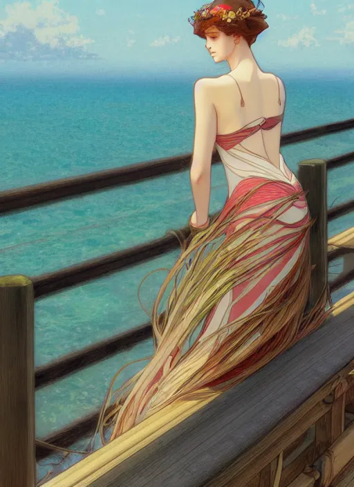 Image similar to pretty young woman leaning against the railing at the beach, path traced, highly detailed, high quality, digital painting, by studio ghibli and alphonse mucha, leesha hannigan, makoto shinkai, disney