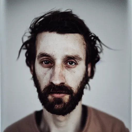 Image similar to A 4x5 portrait of a man, who is dishevelled and beaten down, a million-mile stare, bokeh, depth of field, pastel colours overlap, grainy, rule of thirds