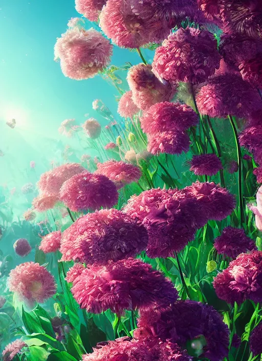 Image similar to An epic fantastic realism comic book style painting of the most beautiful flowers launched into space, bouquets, fisheye lens, unreal 5, DAZ, hyperrealistic, octane render, dynamic lighting