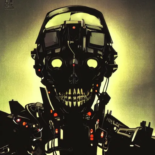 Prompt: futuristic cyberpunk traveler skull wearing black hood looking down by Yoji Shinkawa