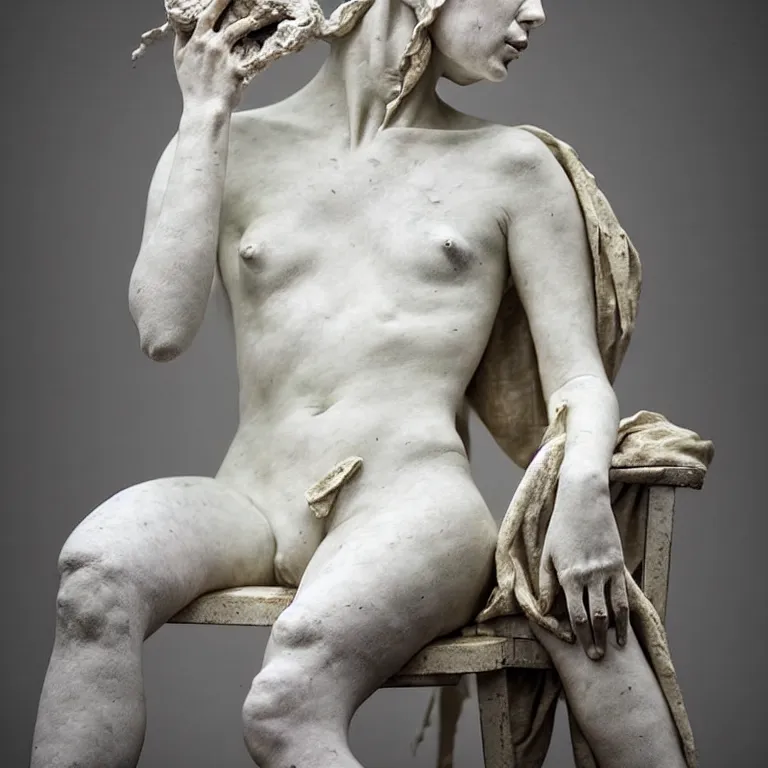 Image similar to a sculpture of a person sitting on top of a chair, a white marble sculpture by nicola samori, behance, neo - expressionism, marble sculpture, apocalypse art, made of mist