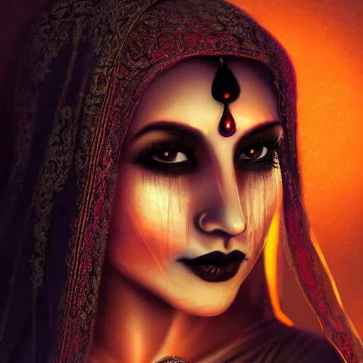 Image similar to beautiful Hindu lady of the dark with veil, in darkness, cover with blood, horror terrifying, soft light, surreal realistic, photorealistic, hyper details, full HD, 8k!