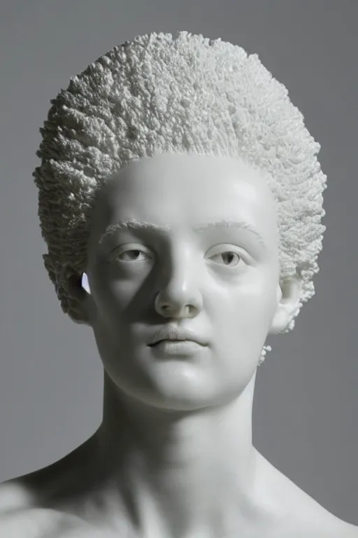 Image similar to full head and shoulders, beautiful female porcelain sculpture by daniel arsham and raoul marks, smooth, all white features on a white background, hair built like an apartment tower, delicate facial features, white eyes, white lashes, detailed white,