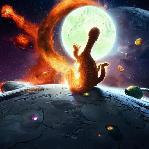 Image similar to eldritch horror bloody garfield in space, hd, 8 k, giant, epic, realistic photo, unreal engine, stars, prophecy, powerful, cinematic lighting, destroyed planet, debris, violent, sinister, ray tracing, dynamic, epic composition, dark, horrific, teeth, grotesque, monochrome drawing, hellscape