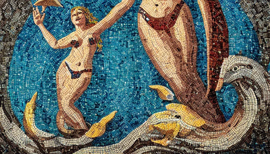 Prompt: giant roman mosaic of legendary mermaid in sea with fish and dolphins on a cave wall, octane, artstation