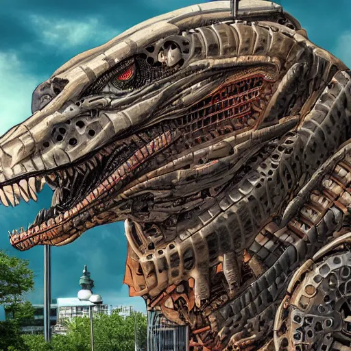 Prompt: huge mechanical reptilian destroying a city