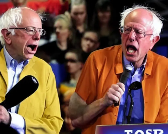 Prompt: Super Saiyan Senator Bernie Sanders Son Goku screams during philibuster speech (AP Photo)