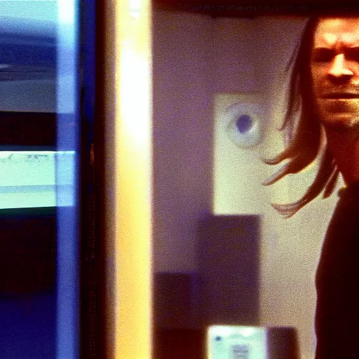 Prompt: a vhs still portrait of aphex twin breaking into the office from a gritty cyberpunk 2 0 0 0 s james cameron movie about the terminator. realism, cinematic lighting, 4 k. 8 mm. grainy. panavision.