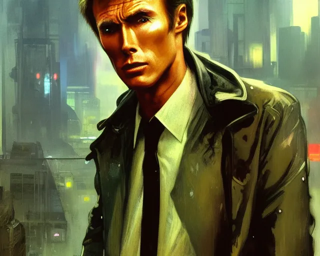 Prompt: 2 0 1 8 blade runner movie young man very young clint eastwood in his youth look at the cityscape from roof perfect face fine realistic face pretty face reflective polymer suit tight neon puffy jacket blue futuristic sci - fi elegant by denis villeneuve tom anders zorn hans dragan bibin thoma greg rutkowski ismail inceoglu illustrated sand storm alphonse mucha