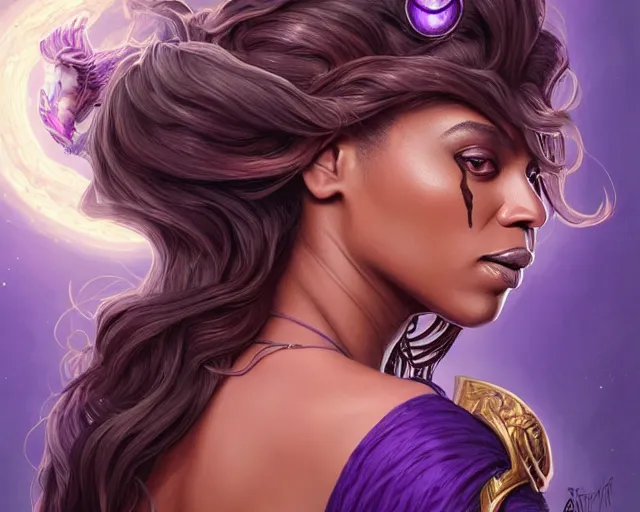 Image similar to beyonce as a wizard, purple streaks in hair, bat hovering on her shoulder, deep focus, d & d, fantasy, intricate, elegant, highly detailed, digital painting, artstation, concept art, matte, sharp, illustration, hearthstone, art by artgerm and greg rutkowski and alphonse mucha