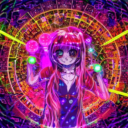 Image similar to anime dj girl electronic circuitry, with fireflies reflections hall of mirrors kaleidoscope bioluminescent vines and flowers, glitter, fractals, by scott uminga and chris dyer and alex grey street art, trending on artstation, dramatic lighting, octane render, weta digital, trending on deviant art, deepdream, ray trace