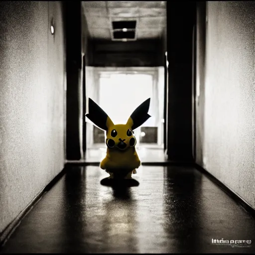 Image similar to pikachu in the backrooms, liminal spaces, dramatic lighting, dark and moody