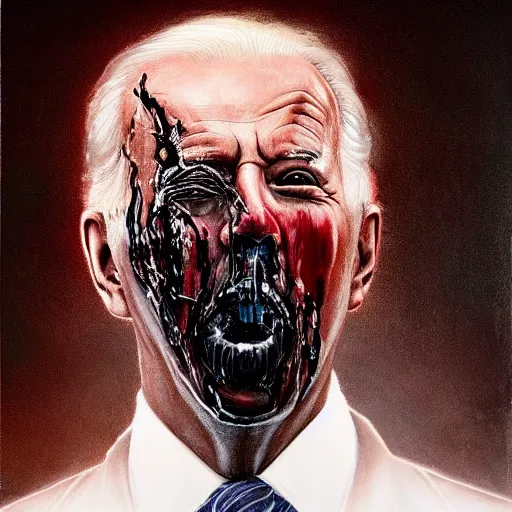 Image similar to presidential portrait of joe biden with oily black fluid pouring from mouth and nose as slenderman, medical diagram by beksinski, jon mcnaughton, and stephen gammell