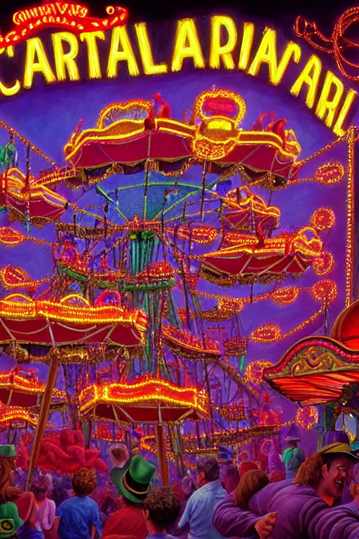 Image similar to a hyperrealistic detailed painting of an ornate carnival in town with rides, glowing lights, colorful, chimeric horror creatures riding a rollercoaster. cinematic lighting, depth perspective, depth of field, cinematic angle, by chris cunningham and richard corben, highly detailed, vivid color,