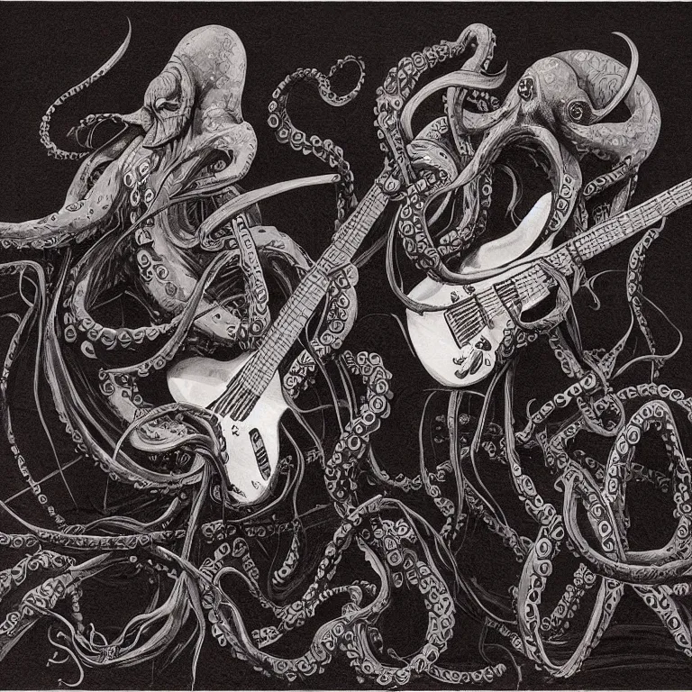 Image similar to a beautiful painting by gerald brom of a couple of octopus playing drums and telecaster guitar in an electronic concert, black background, concert light, dark mood, warm lights