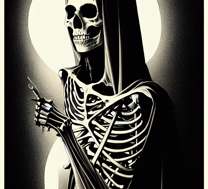 Image similar to skeleton jesus, noir, sharp focus, intricate, illustration, cell shaded, digital painting, highly detailed, matte, art by ilya kuvshinov, wlop, greg rutkowski, reflections, studio quality, james jean, artem demura