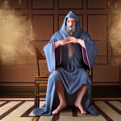 Prompt: wizard with a robe using telekinesis on a chair, realistic digital art, magical, award winning