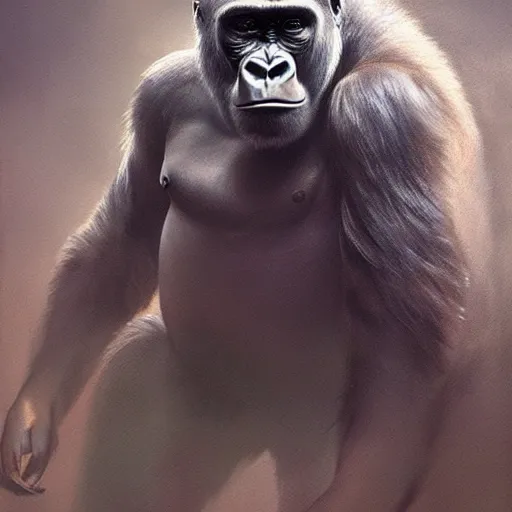 Prompt: a painting of a gorilla, greg rutkowski, leonardo da vinci cinematic lighting, hyper realistic painting