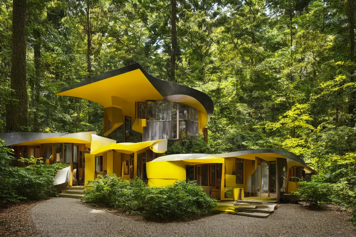 Image similar to a mid century modern house in a forest, designed by Frank Gehry. Tiles. Small gravel driveway . Film grain, cinematic, yellow hue