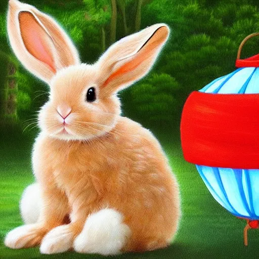 Prompt: cute fluffy tan lop eared bunny rabbit sitting by pond with chinese lanterns detailed painting 4k
