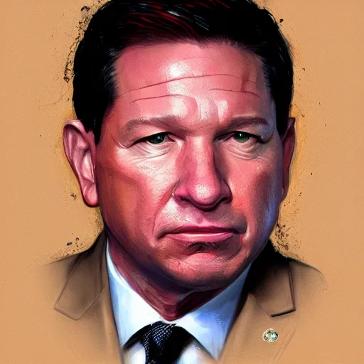 Image similar to a simple concept art portrait of a predatory ron desantis. an award winning yoshitaka amano digital art poster color painting. a masterpiece by james gurney. poster colour on canvas.