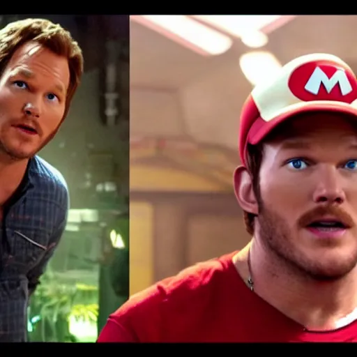 Prompt: Chris Pratt playing Mario in the Super Mario Movie, trailer footage, epic