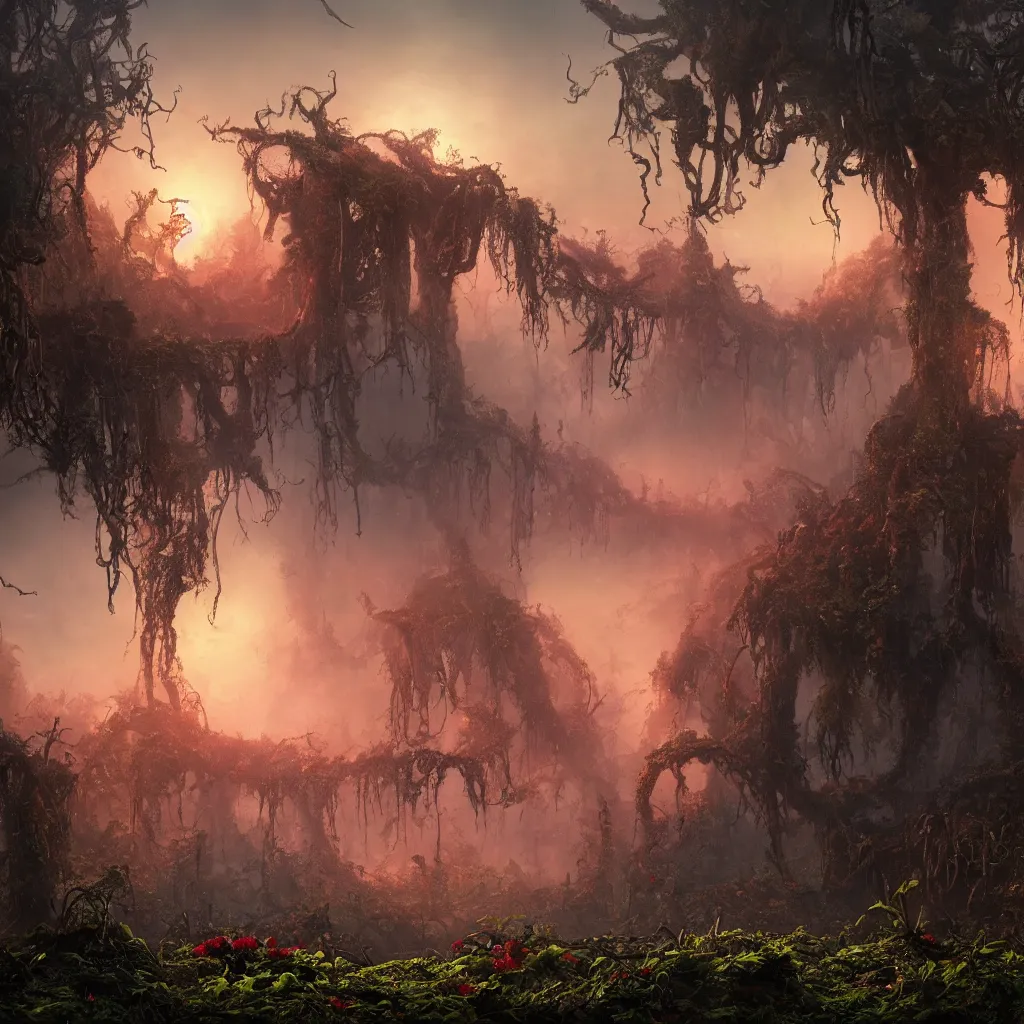 Image similar to An incredibly beautiful but ominous matte painting depicting a profusion of evil carnivorous vines and colorful flowers and lush exotic trees and bloated toadstools, with horrifying huge burning eyes and jagged bloody teeth, overgrowing a desolate ruins submerged in fog beneath the setting sun, nvidia, vray, evening, epic scale, octanerender