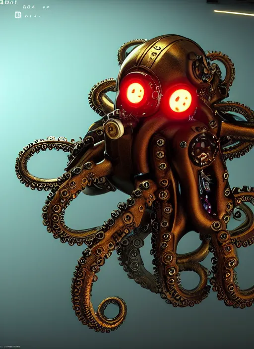 Image similar to steampunk mechanical octopus with glowing emissive eyes hyperrealistic emissive beautfiul artstation portfolio trending Ryan Church concept mist cyberpunk 2077 hardsurface modeling