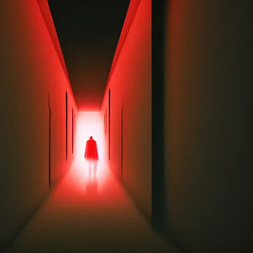 Image similar to photograph of an extremely dark narrow hallway with glowing humanoid cryptid made out of television static, dark deep black shadows, red and black color contrast in the style of trevor henderson, liminal space, 3 d octane render, glitch effect