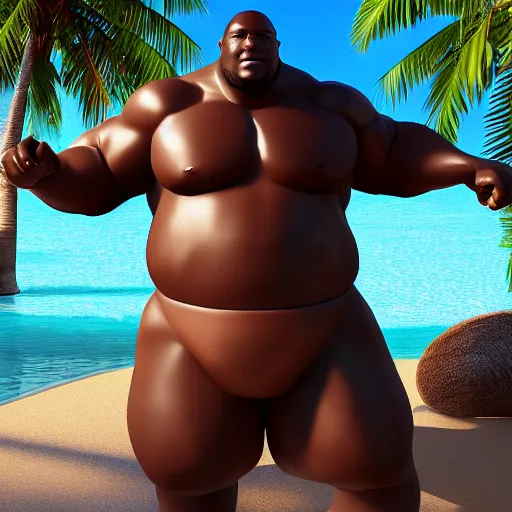 prompthunt: big black man with muscles, wearing coconut bikini bra