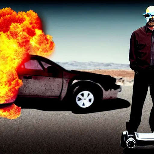 Image similar to Walter White from Breaking Bad (2008) standing on a hoverboard with an exploding car behind him, HDR, 8k,