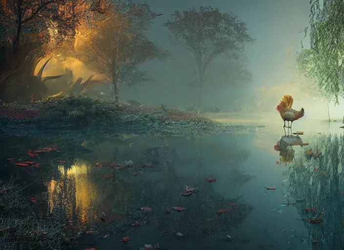 Image similar to soft painting large rooster reflection refraction world synthwave ruins ponds alien vegetation, accurate features, focus, very intricate ultrafine details, black autumn, dense fog, award winning masterpiece, octane render 8 k hd, fantasy