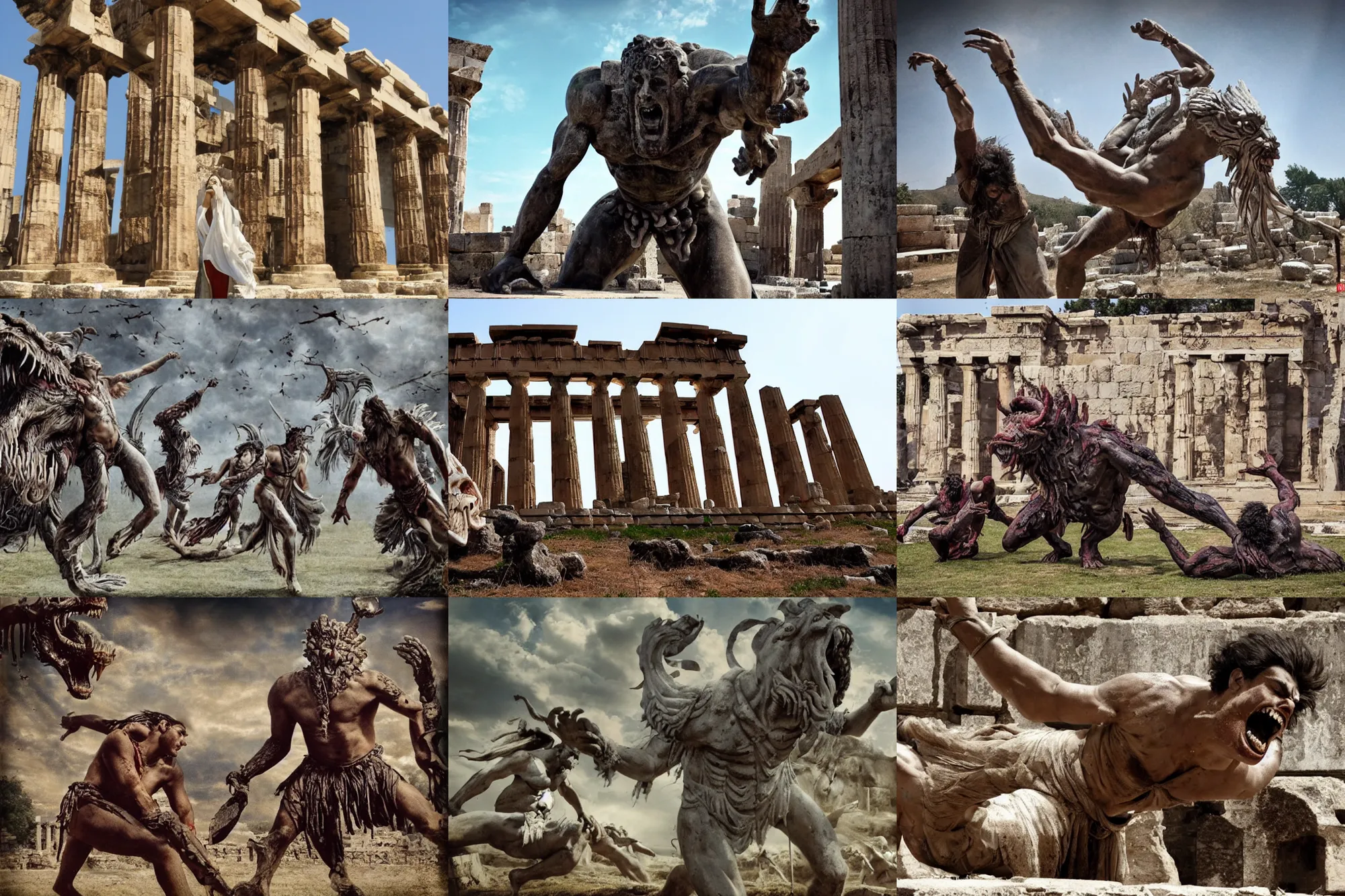 Prompt: large, brutal monster dying. outside of ancient greek temple. bollywood fantasy action movie still. phyrric victory,